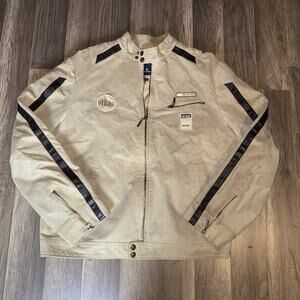 Tom Tailor Genuine Leather Moto Jacket Men’s Size 52 Beige Cafe Racer Biker Larg